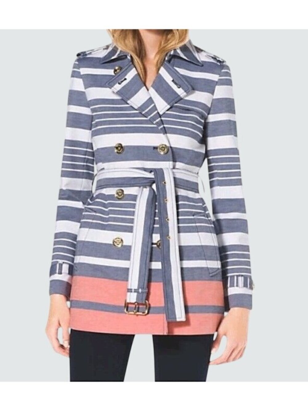 Michael Kors Womens Striped Double-Breasted Trench Coat XS Navy White Coral